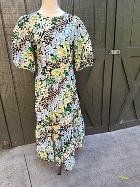 H&M Floral Puff-Sleeve Midi Dress in Black, Blue, Green